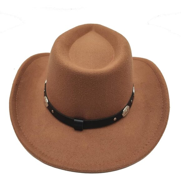 🆕 Men Khaki Cowboy Hat Western Felt Fedora Chapeau Halloween Costume Belt Wicks - Picture 3 of 7